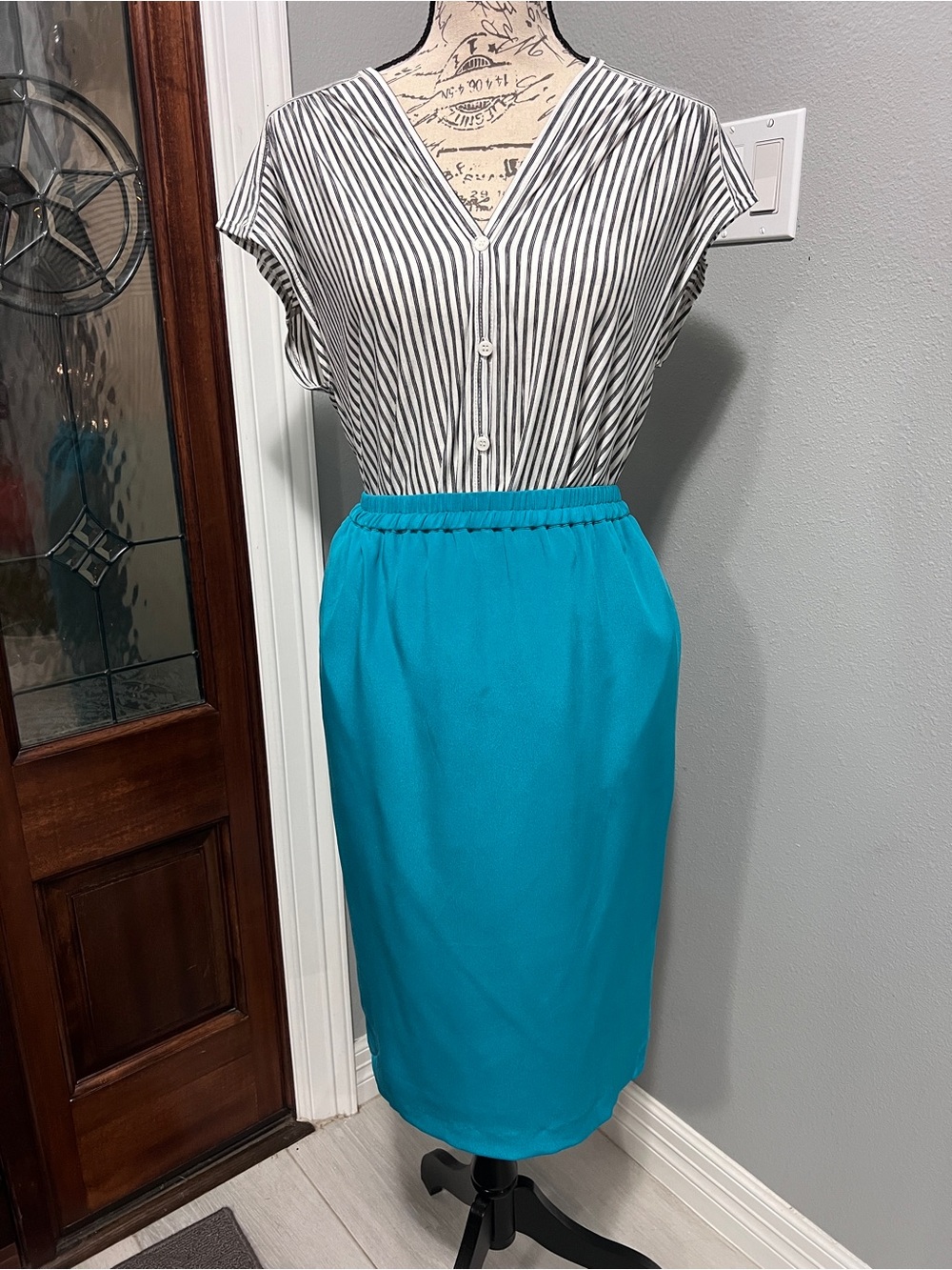 Vintage Adrianna Papell 100% Silk Teal Midi Skirt Pockets 6